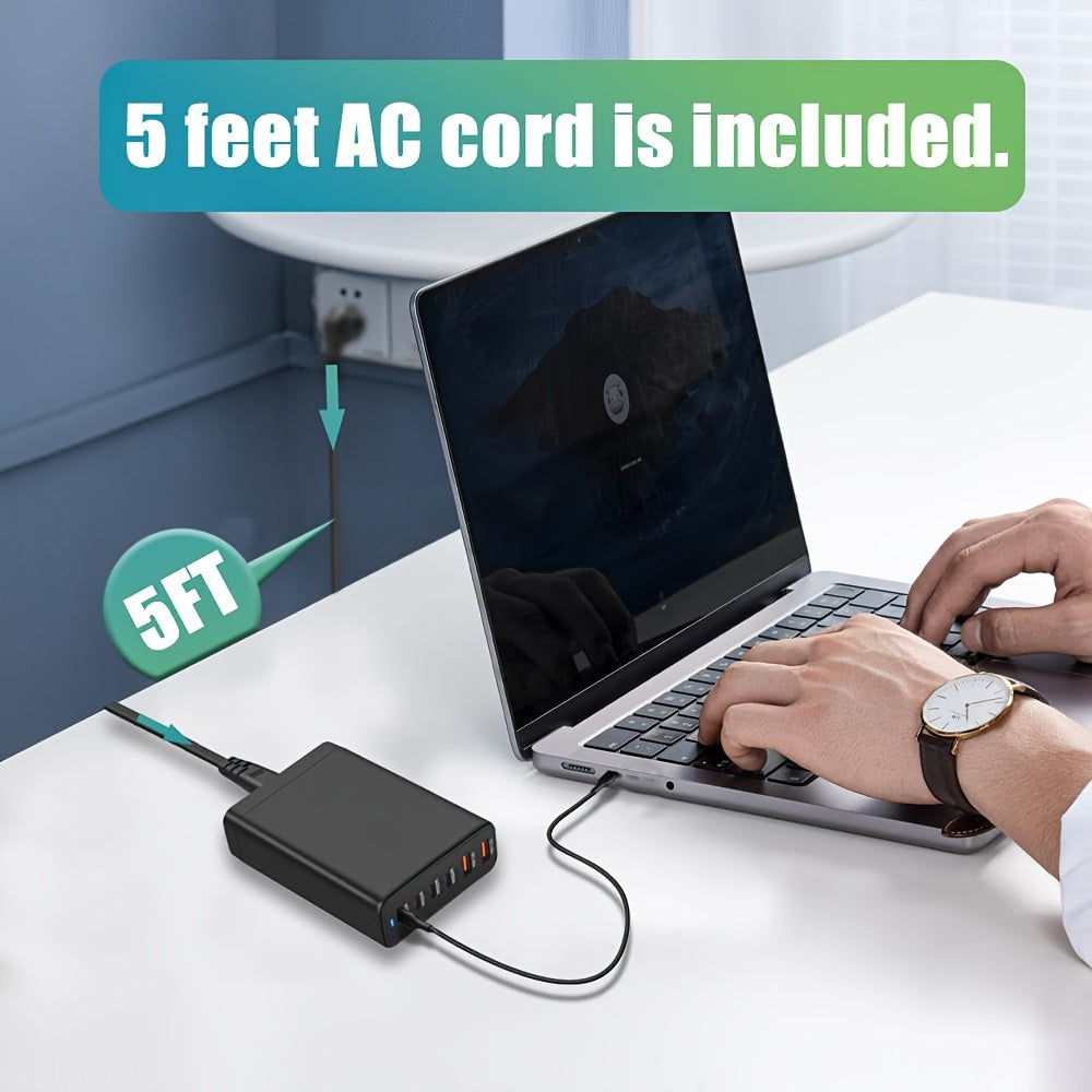 Cargador USB GaN de 200W, adaptador de pared de carga rápida de 6 puertos, negro