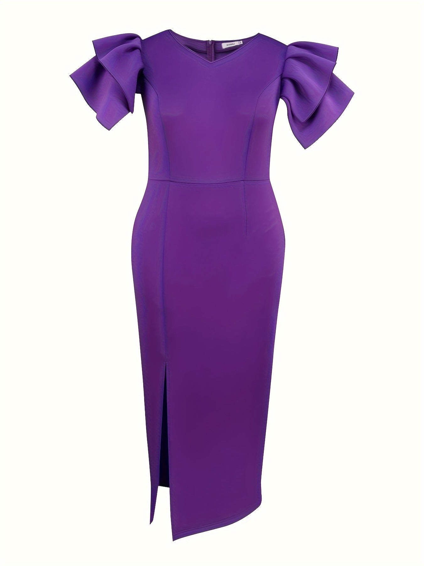 Women's Elegant Bodycon Evening Dress with Petal Sleeves & High Slit Purple