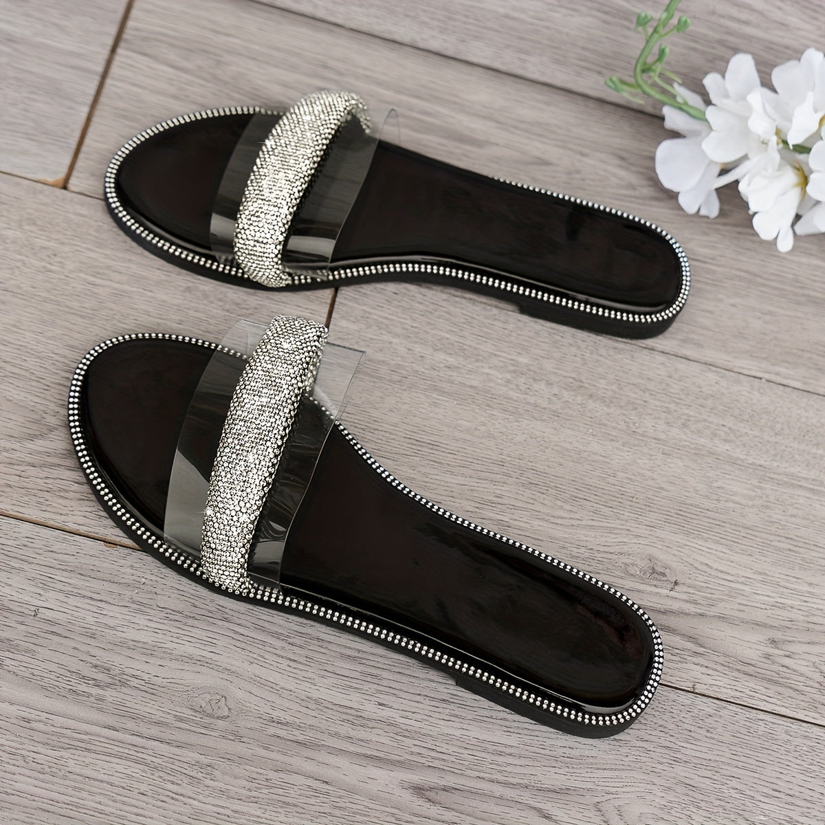 Women Flat Sandals Summer Rhinestones Open Toe Comfortable Slip-On