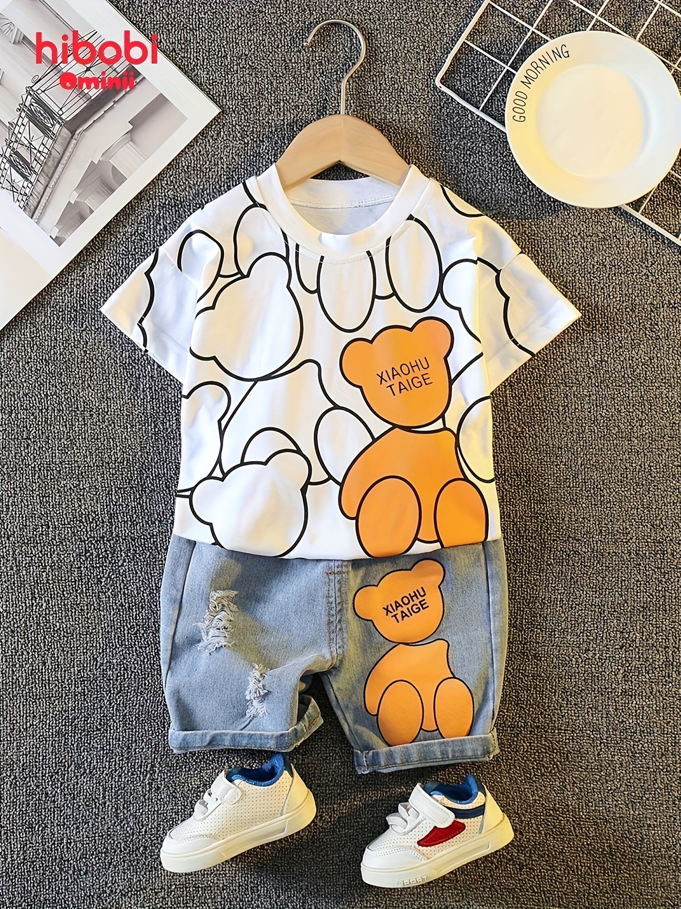 Cartoon Long Sleeve T-Shirt for Kids with Denim Shorts Summer Casual Cotton