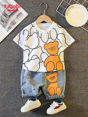 Cartoon Long Sleeve T-Shirt for Kids with Denim Shorts Summer Casual Cotton
