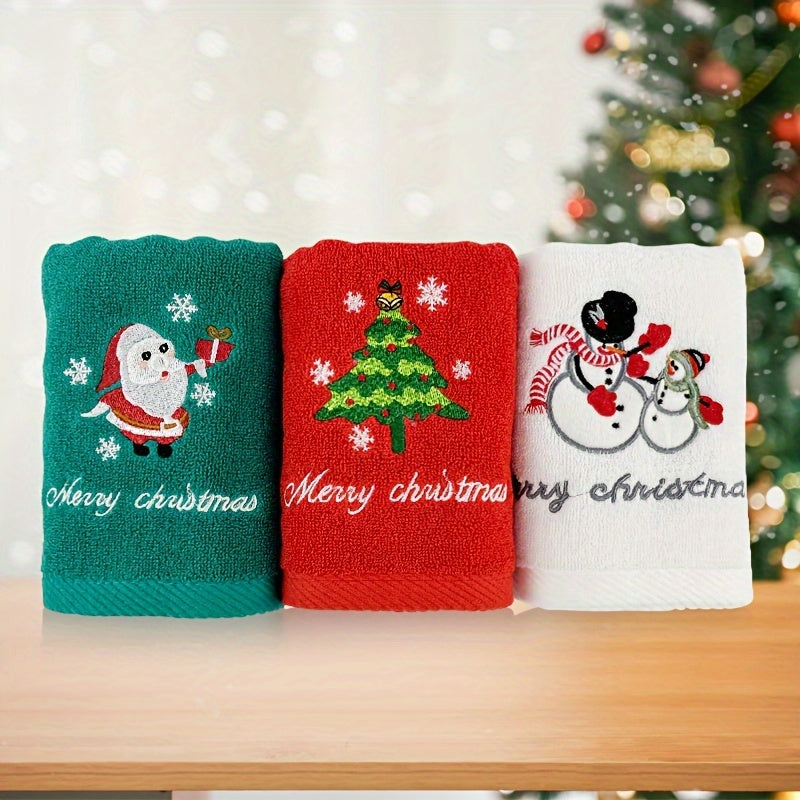 Christmas Kitchen Towel with Santa Embroidery Red and Green Cotton Face Towel