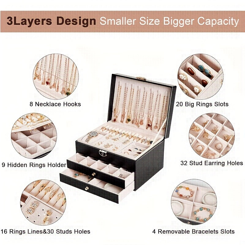 Женская многоуровневая органайзер для украшений из искусственной кожи с ящиком 23x17x13 см