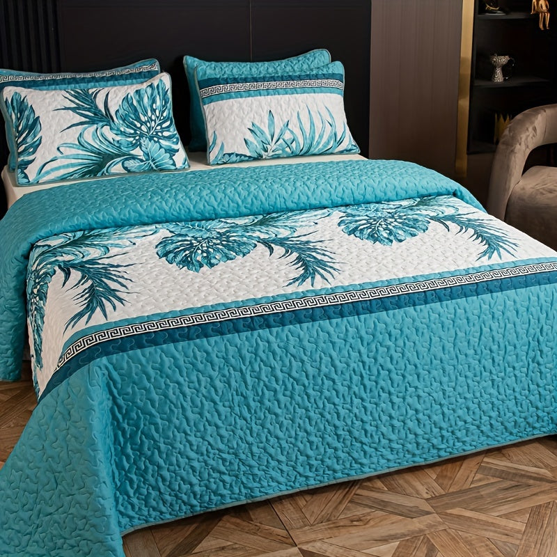 Tropical Palm Print Reversible Bedspread Set with 2 Pillowcases 3 Pieces Ultra Soft Polyester