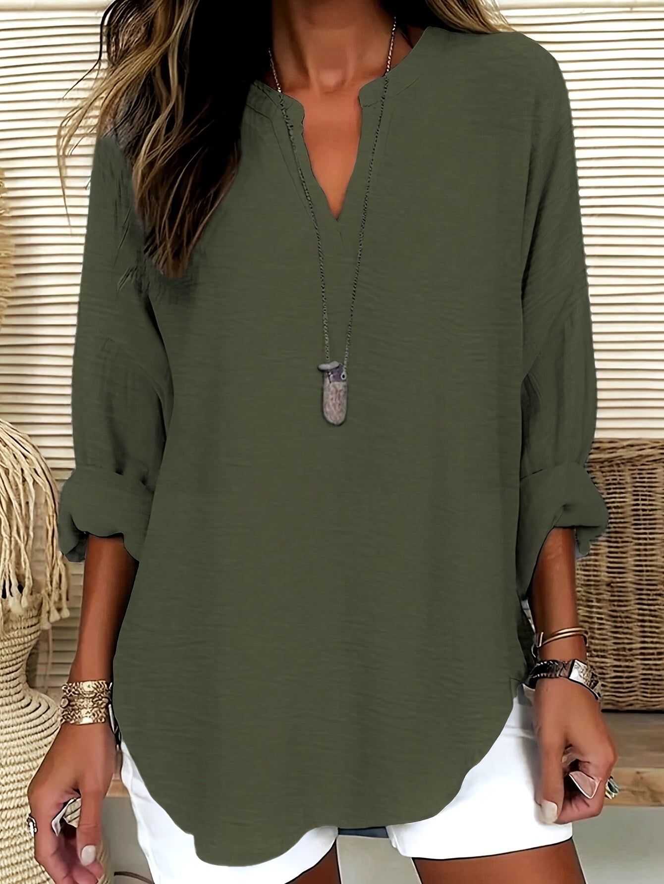 Women's V-Neck Blouse Long Sleeve Drop Shoulder Solid Polyester Spring Fall Casual