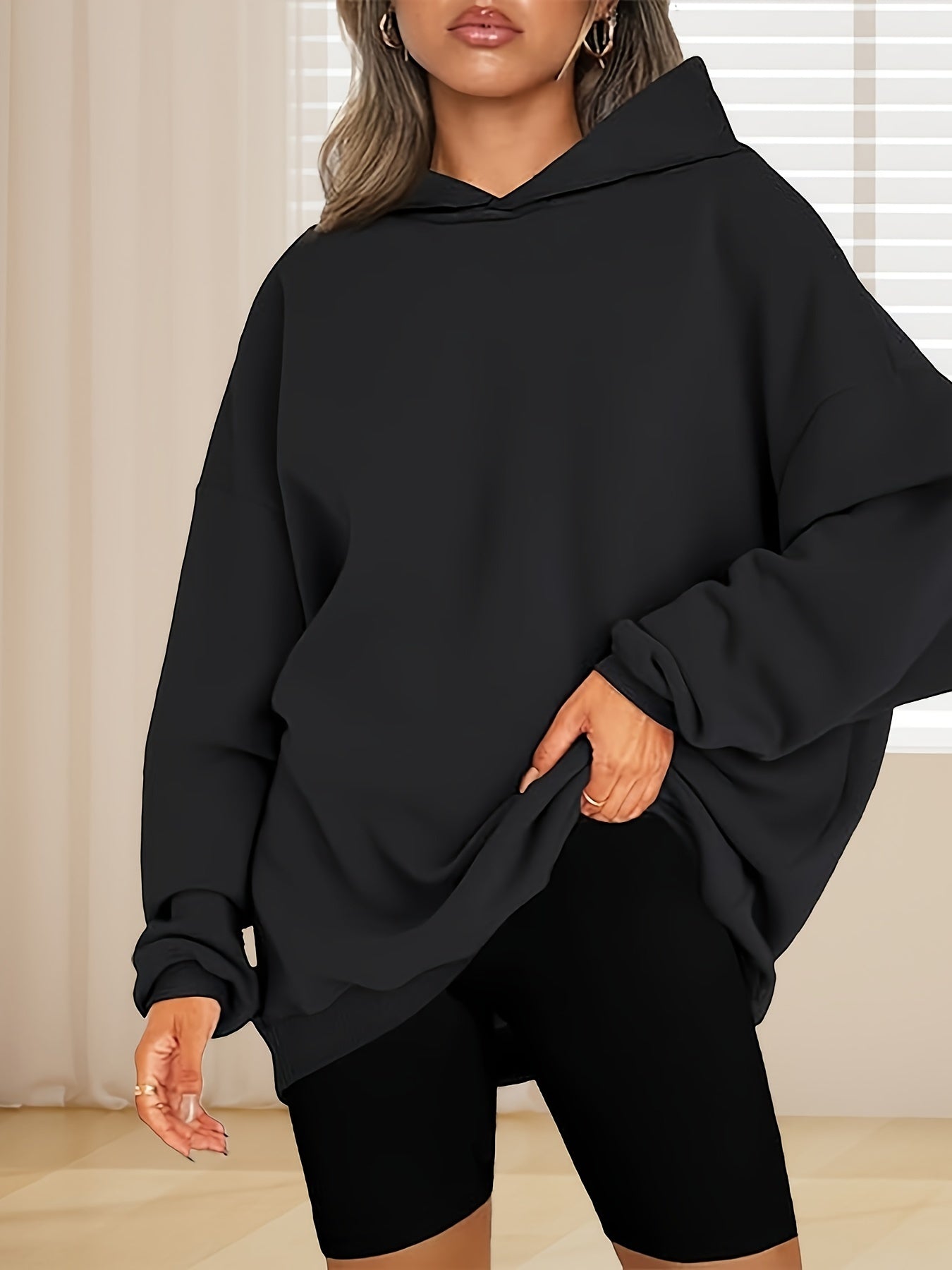 Plus Size Women Hoodie Solid Color Long Sleeve Casual Sweatshirt