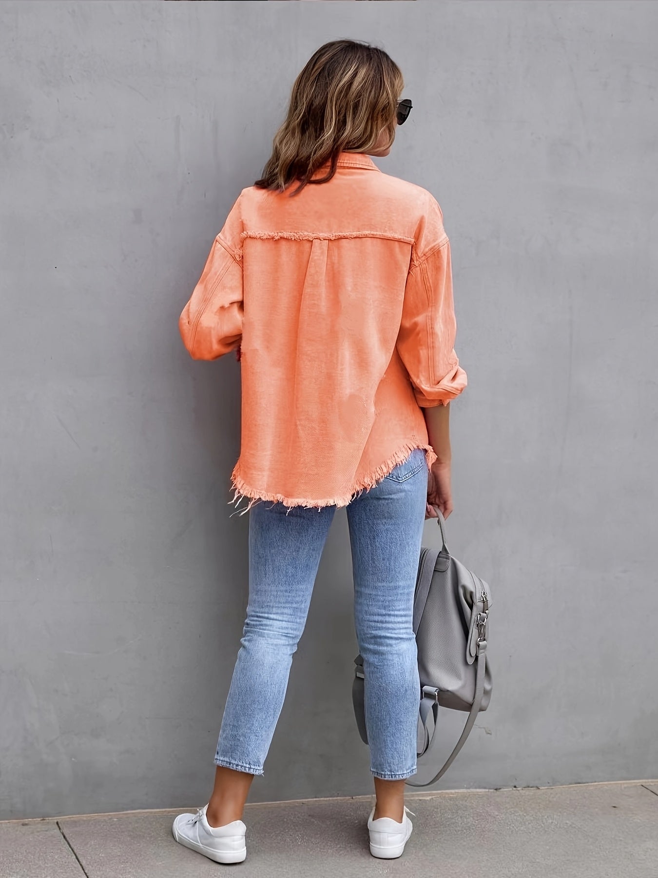 Chaqueta de mezclilla naranja de talla grande para mujer con flecos y estilo callejero