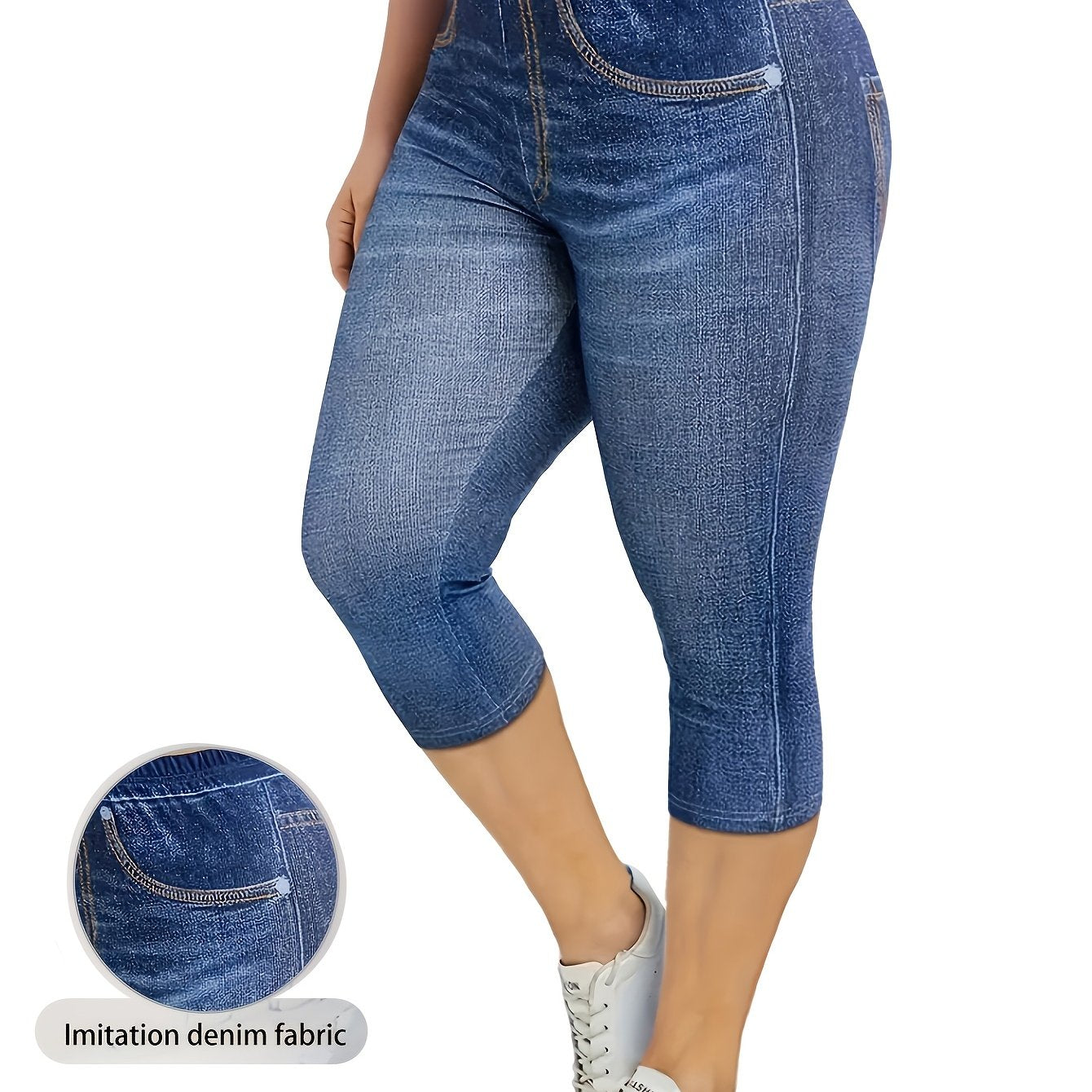 Plus o'lcham ayollar uchun faux denim shortlar, elastik mato va bir rangli