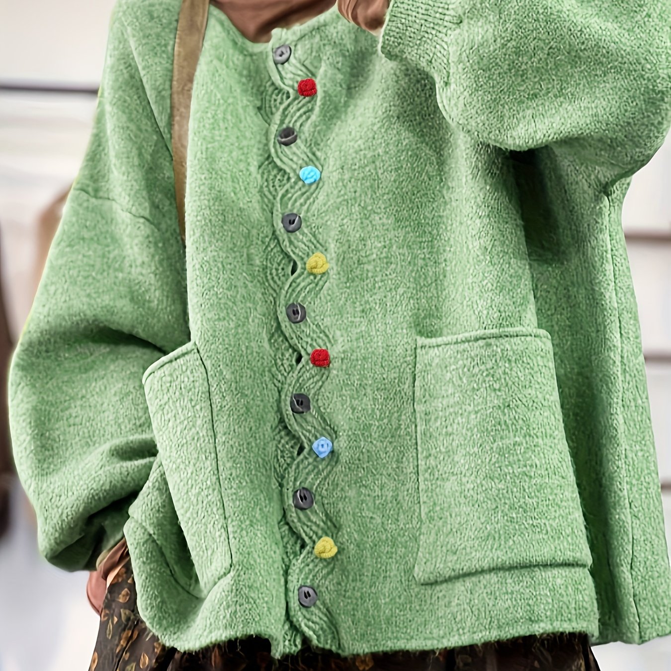 Plus Size Women's Light Green Cardigan Casual Crew Neck Long Sleeve