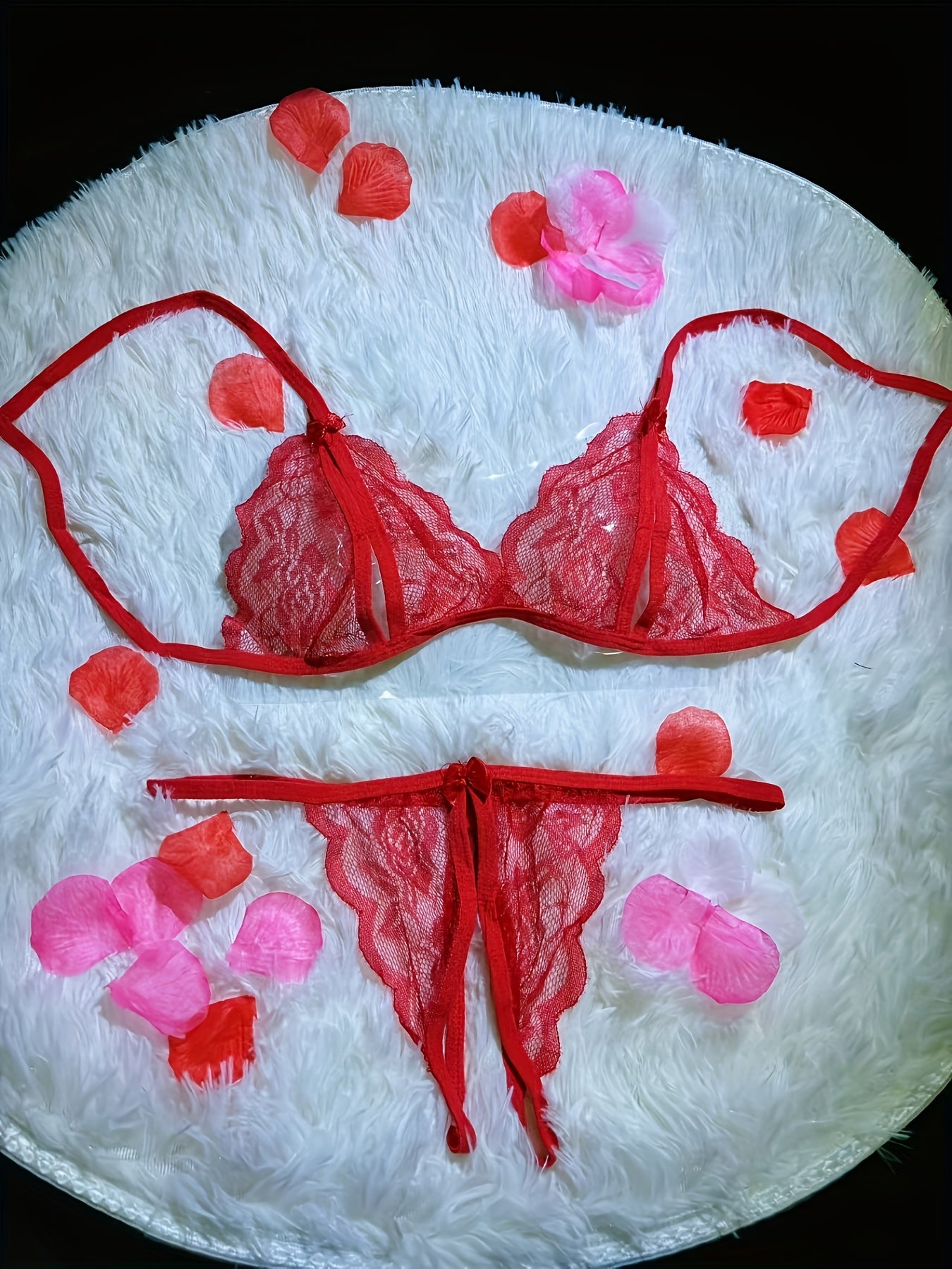 Women's Floral Lace Lingerie Set Triangle Bra and Open Crotch Thong