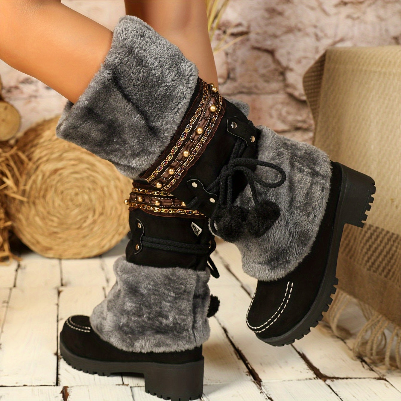 Women's Faux Fur Lined Mid-Calf Cowboy Boots with Heels for Autumn Winter