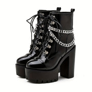 Women Black Gothic Ankle Boots High Heels Lace-Up Chain Decor