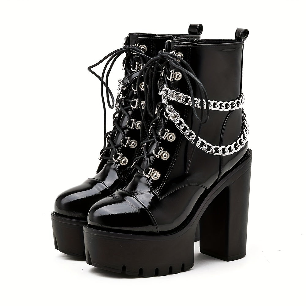 Women Black Gothic Ankle Boots High Heels Lace-Up Chain Decor