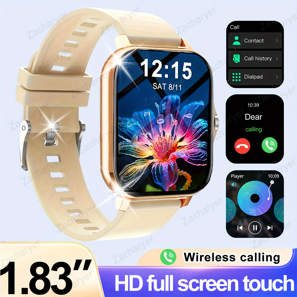 Full-Screen Touch Smartwatch with Call Alerts Sports Modes Compatible with Android and iPhone Square Silicone Band