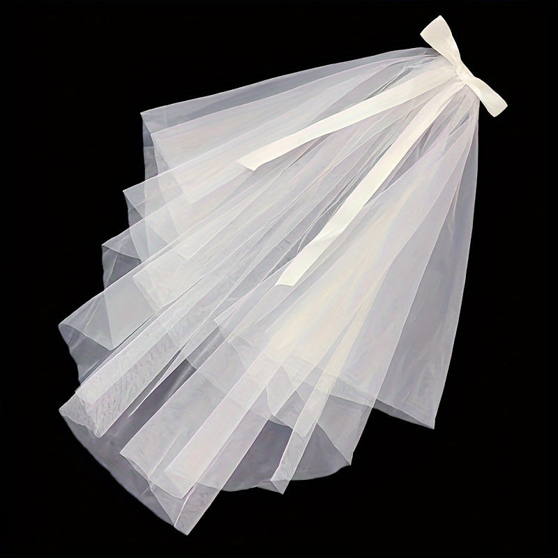 Double Layer Bridal Veil with Bow Ornament Wedding Hair Accessory for Bride