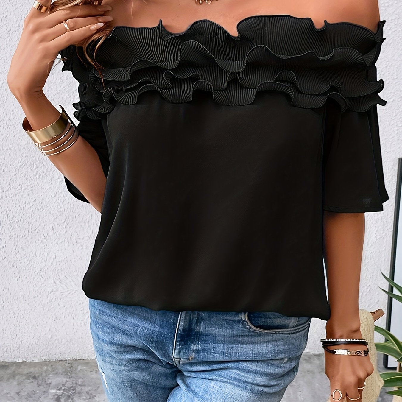 Women's White Off-Shoulder Blouse Ruffled Hem Spring Summer Autumn