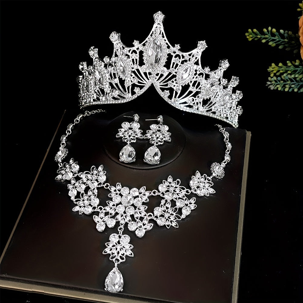 3-Piece Bridal Jewelry Set Tiara Necklace Earrings for Wedding and Photos