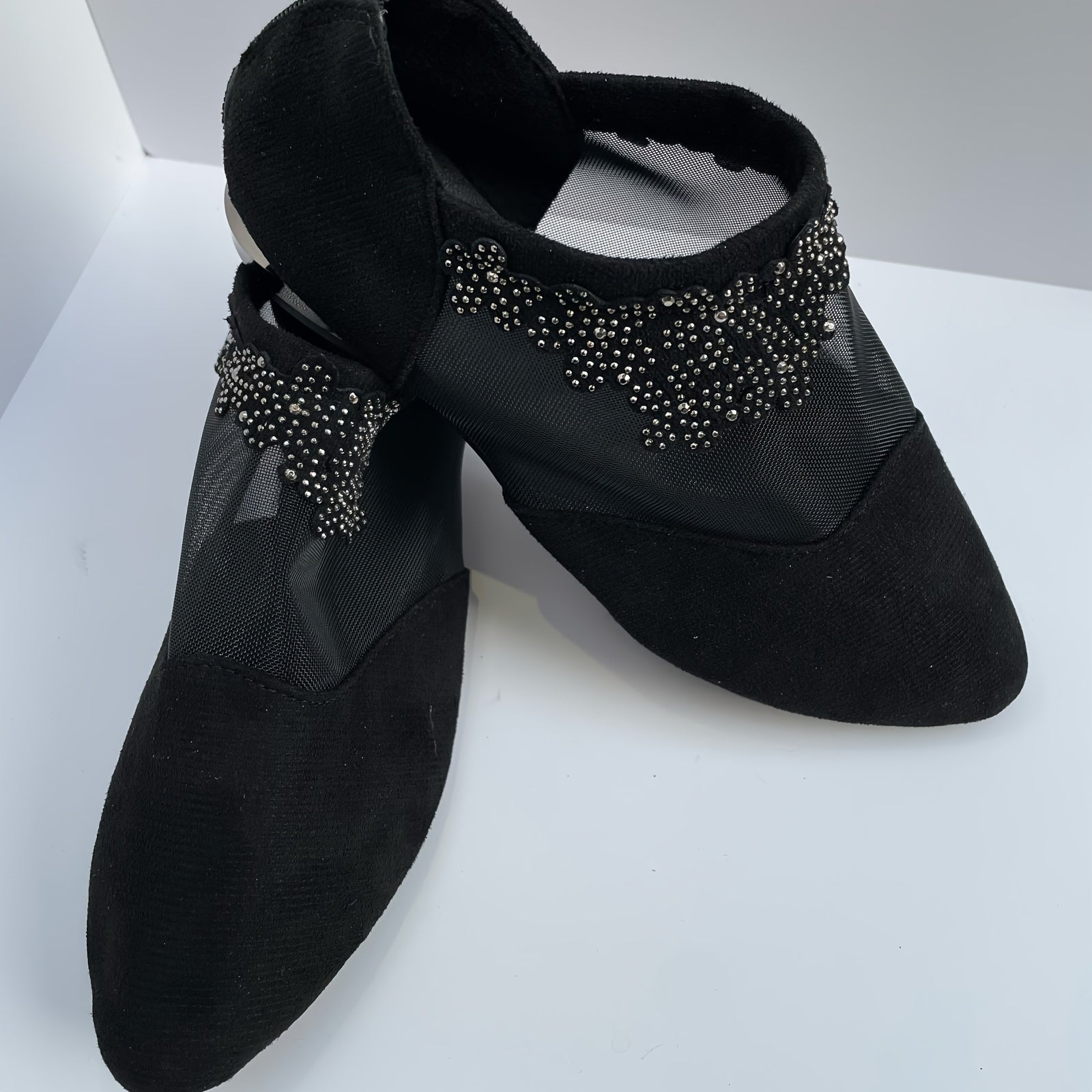 Women's Rhinestone Flower Low Heel Sandals with Mesh Stitching and Pointed Toe