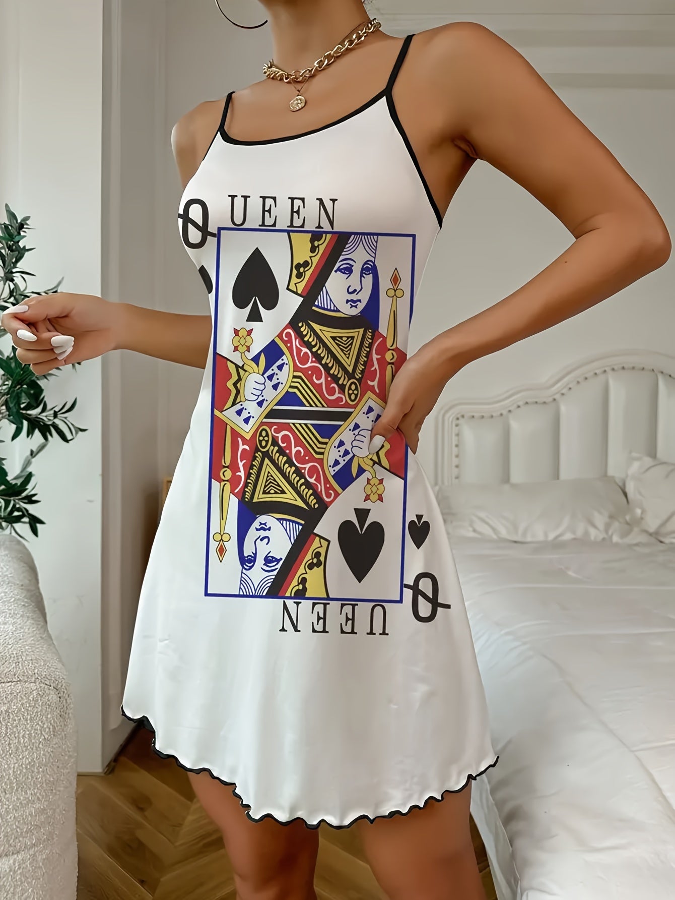 Women's Backless Nightgown with Poker Print Ruffle Trim Polyester Blend All-Season