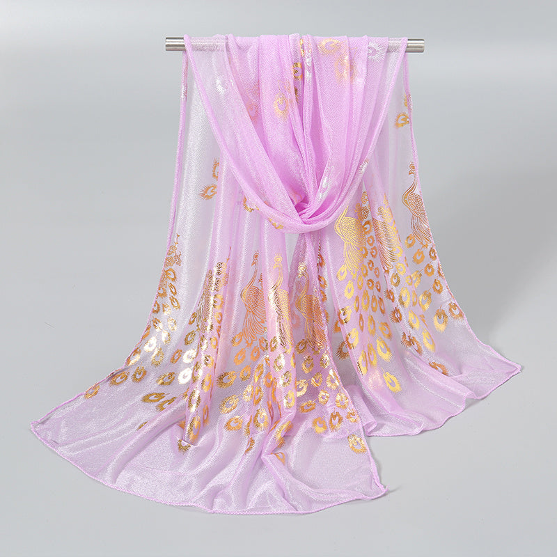 Women’s Peacock Print Lightweight Sun-Protective Polyester Scarf with Shimmering Foil