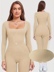 Plus Size Women's Tummy Control Seamless Yoga Bodysuit Long Sleeve Shapewear