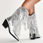 Женские ботинки на каблуке с пайетками и кисточками для вечерних и праздничных образов