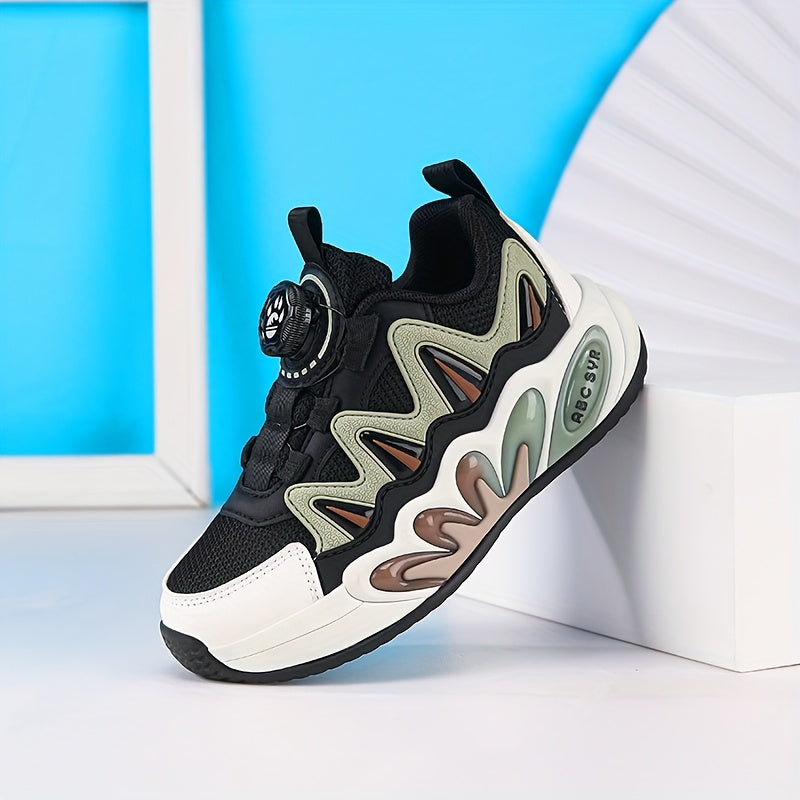 Zapatillas deportivas de primavera y otoño para niños, de caña baja, malla transpirable, patrón a rayas con hebilla giratoria