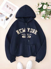 Women's Polyester Hooded Zip-up Hoodie Sweatshirt with Pockets for Fall and Winter