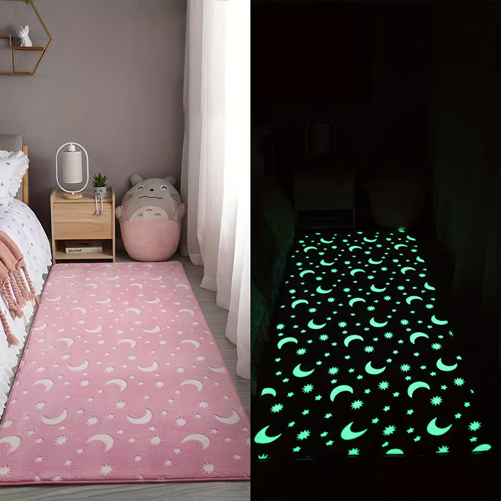 Alfombra de área de felpa luminosa y esponjosa con luna que brilla en la oscuridad y tapete de espuma viscoelástica para la cama