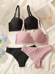 Seamless Push-Up Bra and Panty Set for Women Nylon Elastane Underwire Support Black Beige