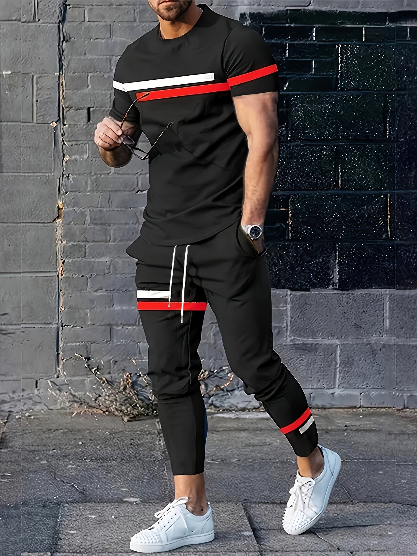 Men's Athletic Set Short Sleeve Tops and Long Pants Striped Polyester Blend All-Season
