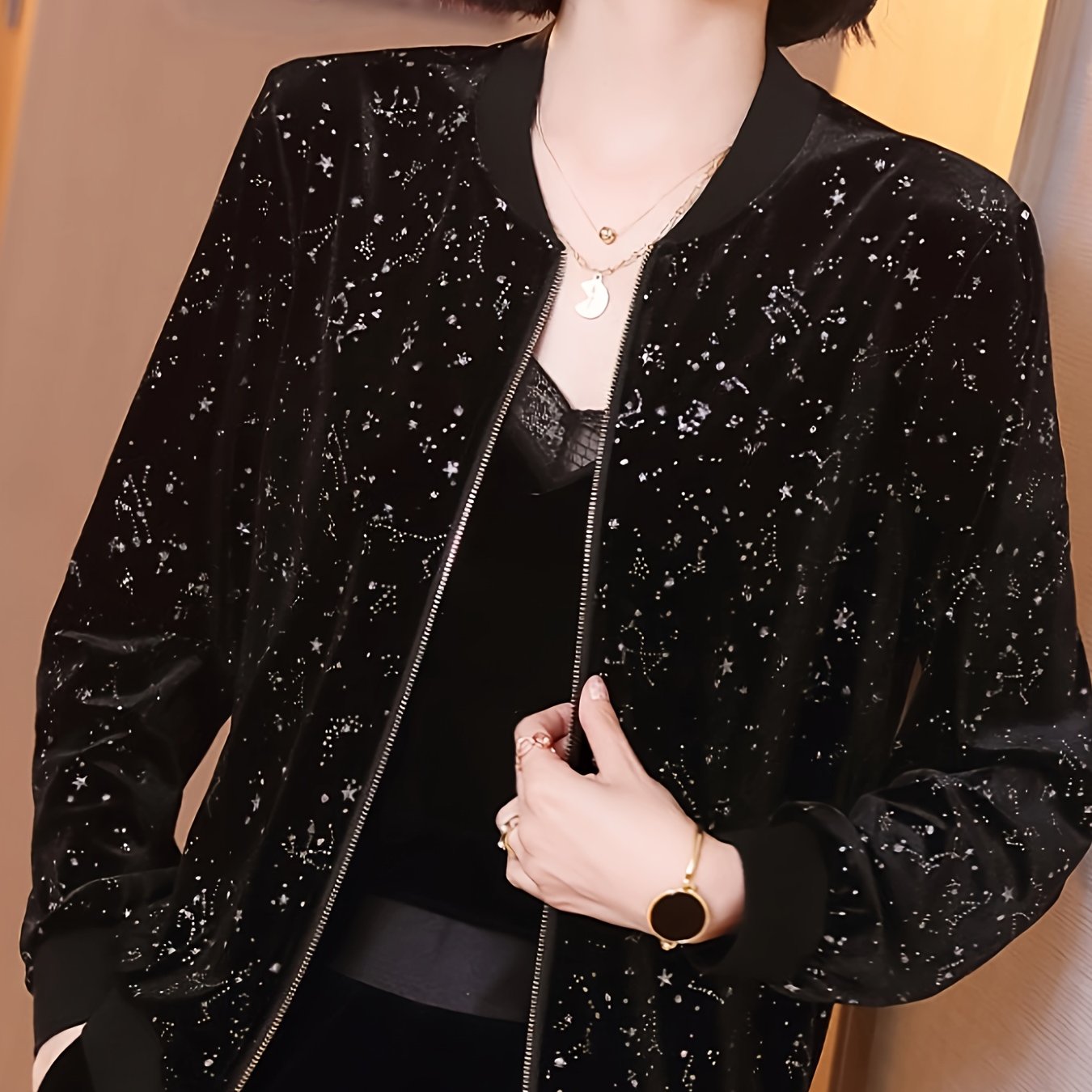 Women's Chiffon Bomber Jacket with Starry Night Print Long Sleeve Zip-Up All-Season