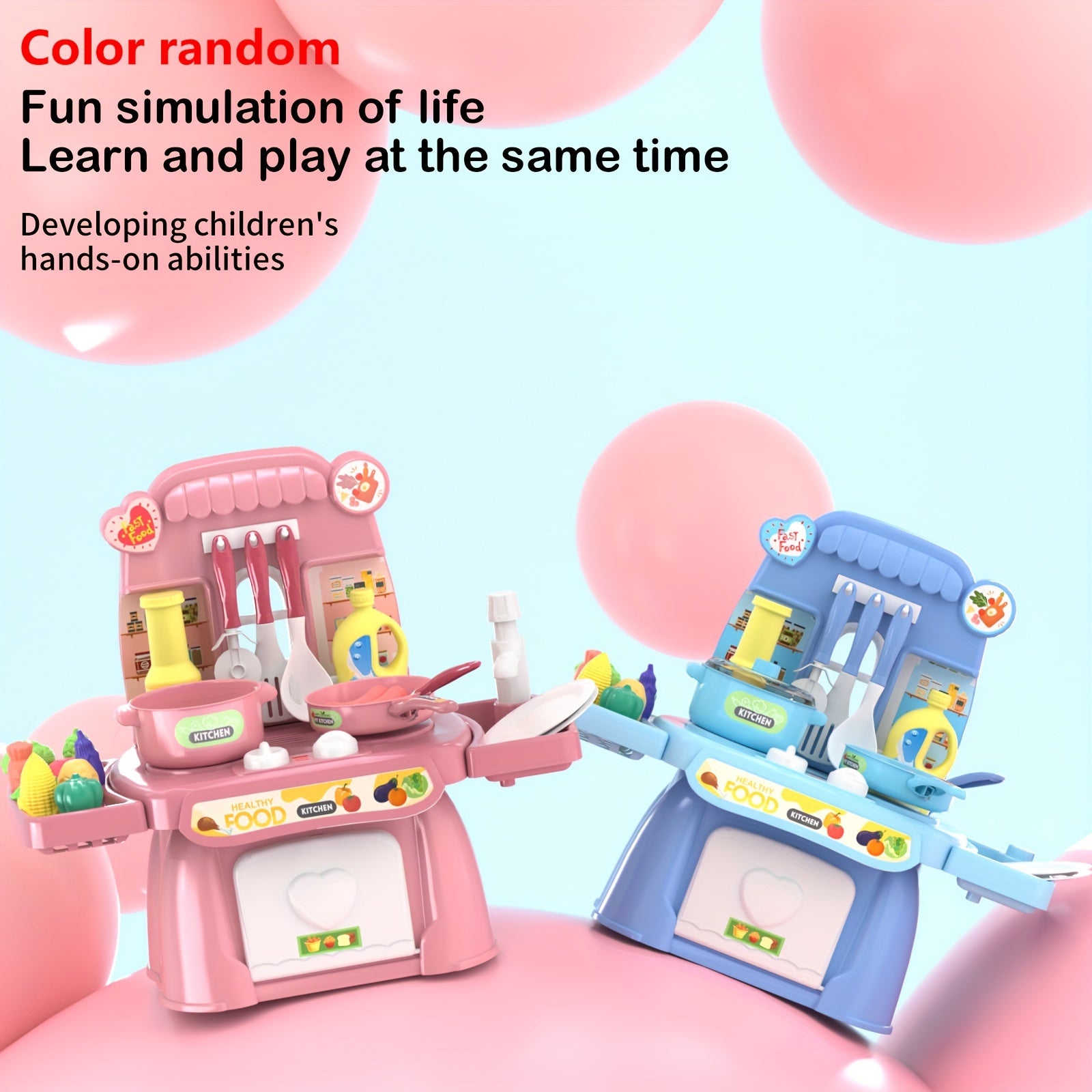 Pink Kids Kitchen Toy Set with Light and Sound, Food and Utensils, 3+