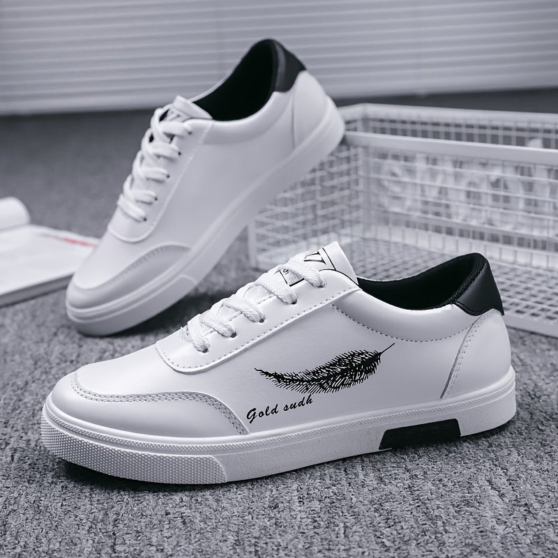 Men's White Sneakers Feather Design Non-slip Lace-up Casual Walking Jogging Travel