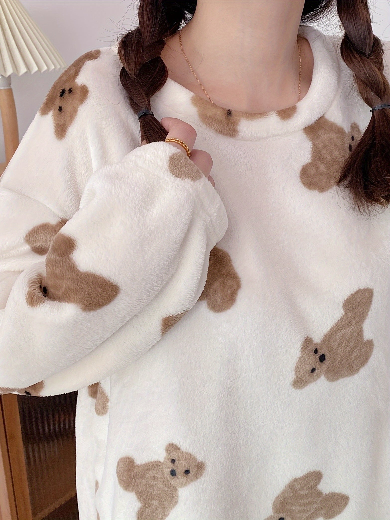 Women’s Cozy Teddy Bear Print Pajama Set Long Sleeve Winter Knit Polyester