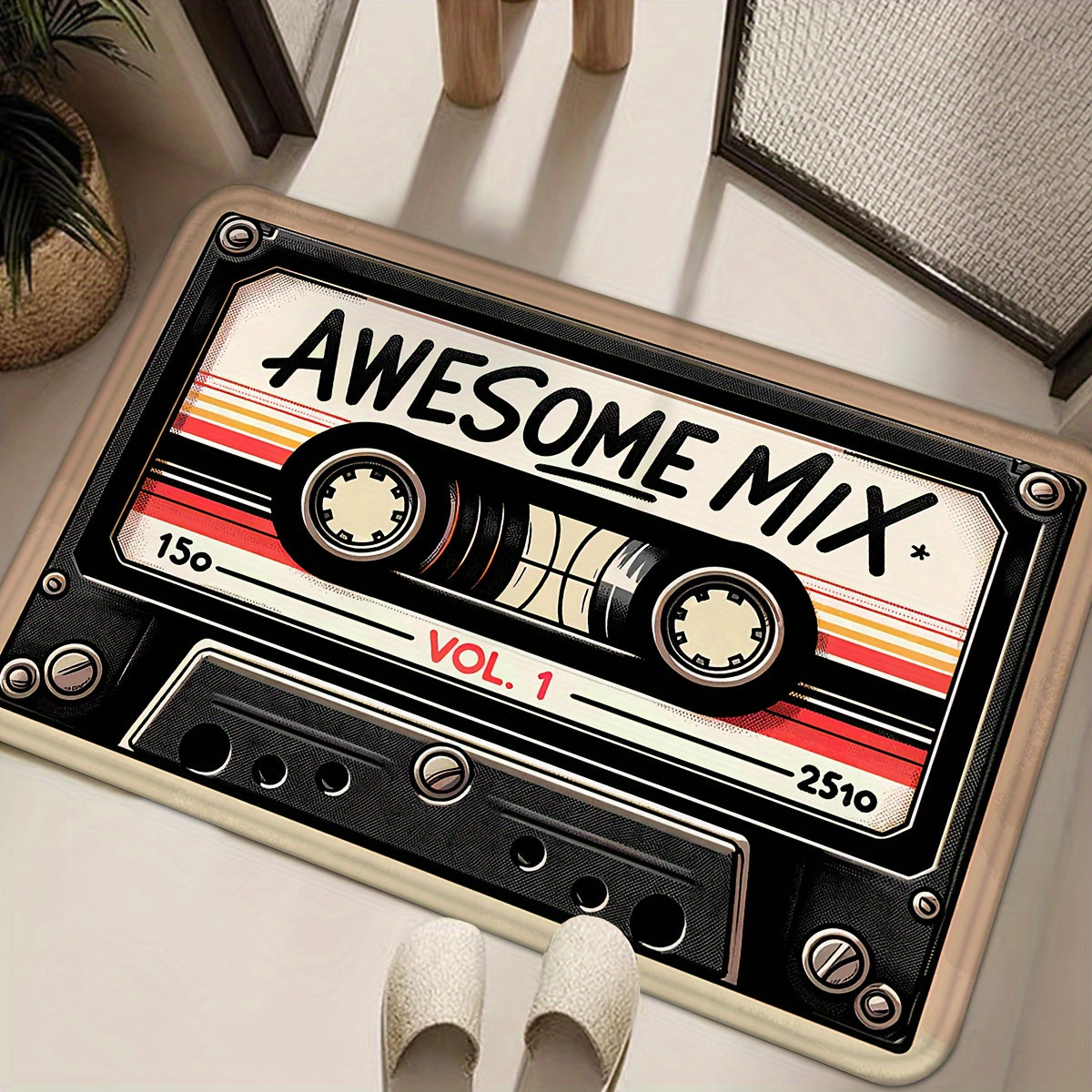Retro Cassette Tape Welcome Mat Plush Anti-Slip Flannel Rug for Home
