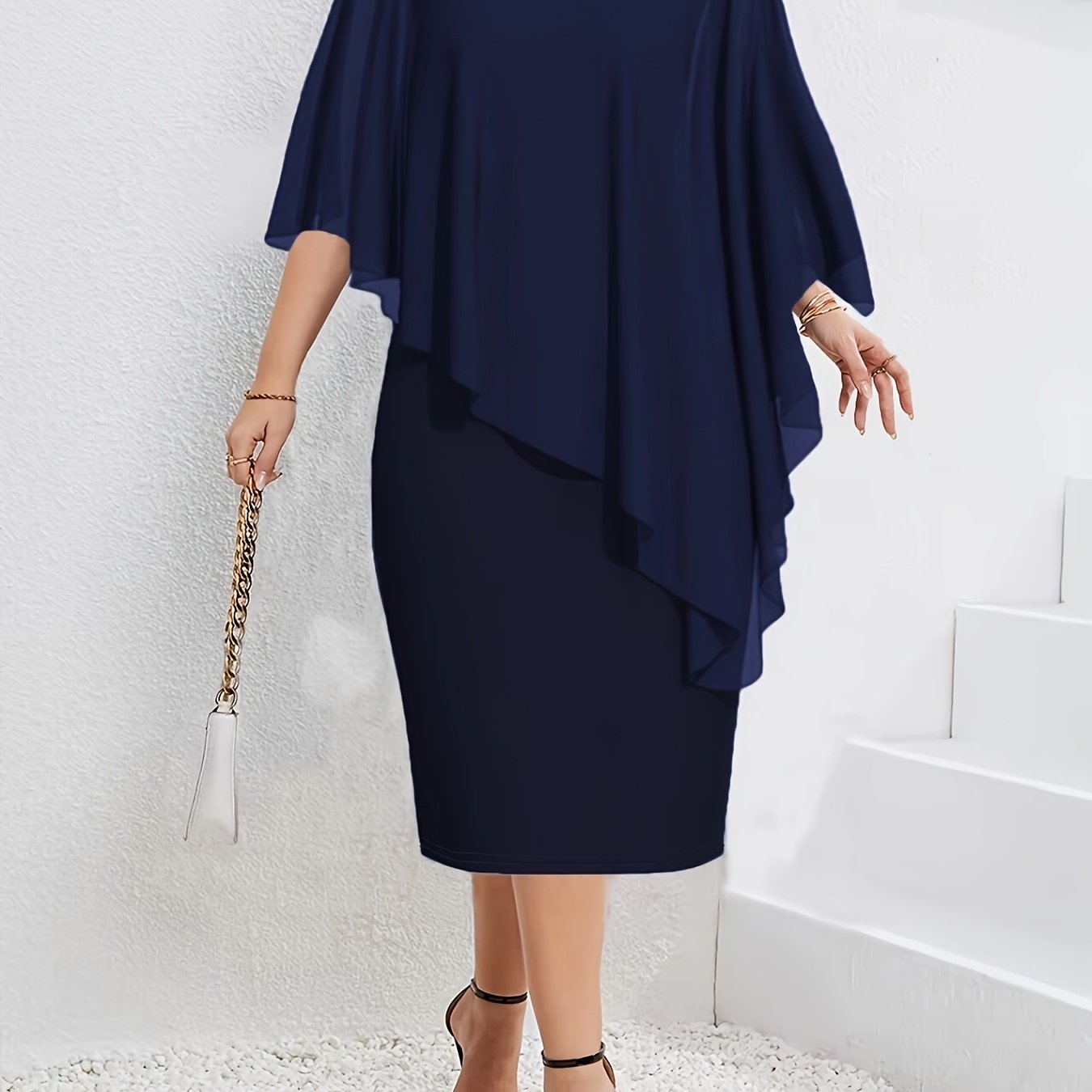 Plus Size Purple Midi Dress with Asymmetrical Cape Sleeves V-Neck Stretchy Polyester