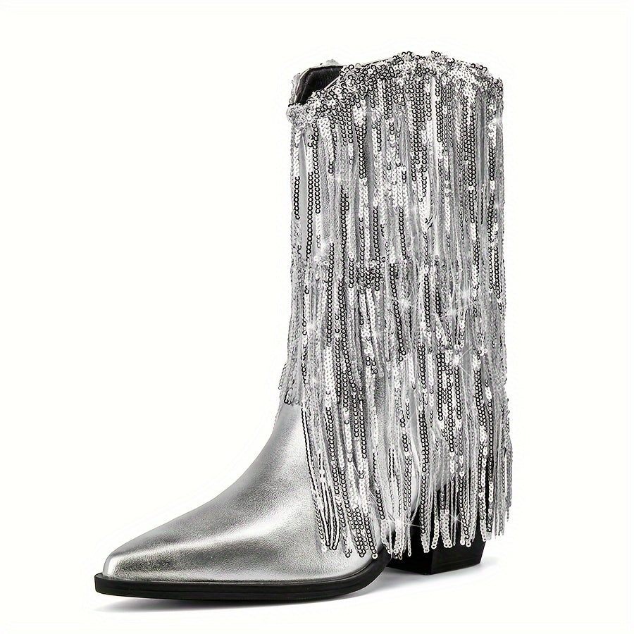 Женские ботинки на каблуке с пайетками и кисточками для вечерних и праздничных образов