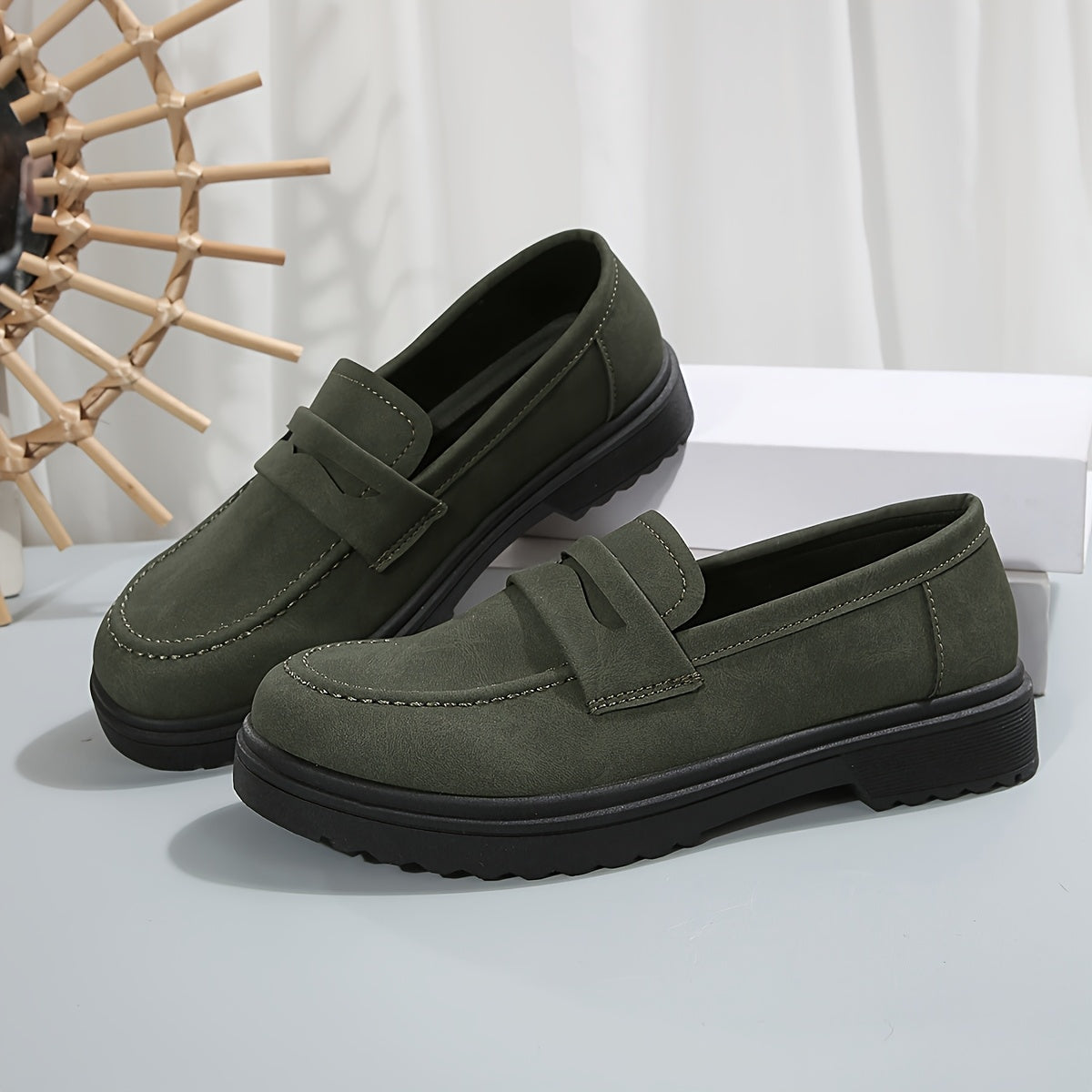 Women Olive Green PU Loafers Slip-On Moccasins Casual Dressy Shoes