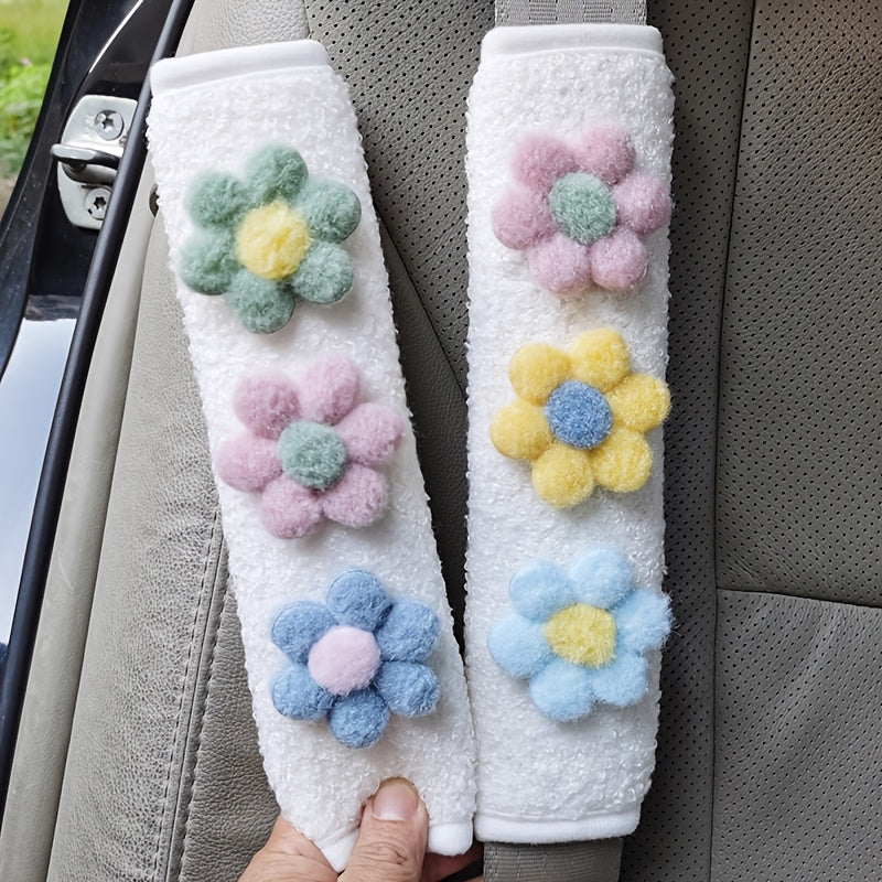 2 piezas de protectores de hombro para cinturón de seguridad de coche con diseño floral y peluche, cubiertas de seguro
