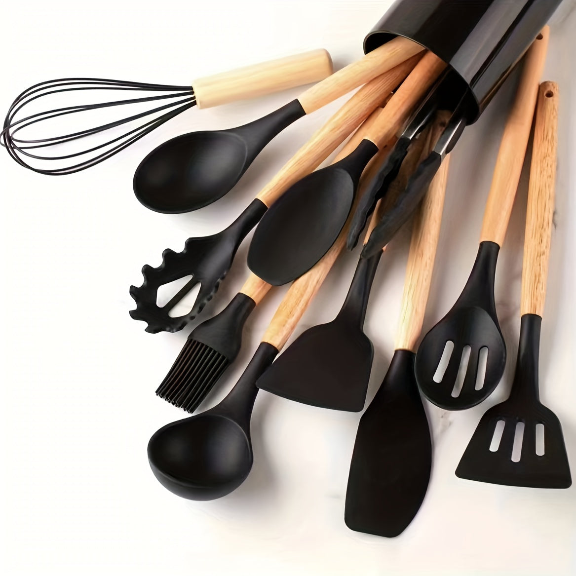 12-Piece Silicone Kitchen Utensil Set with Wooden Handles Khaki Non-Stick Heat-Resistant
