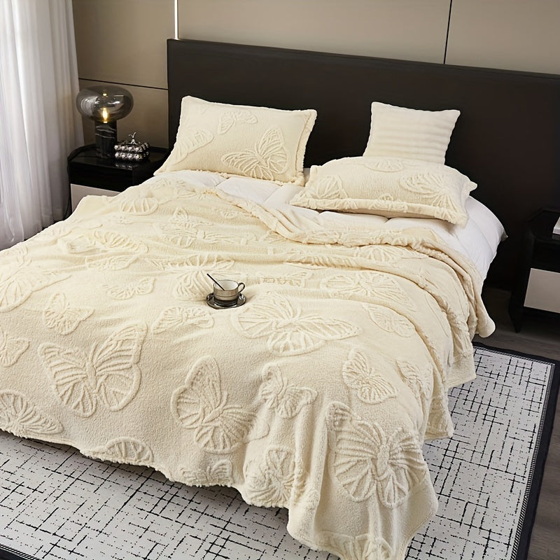White Taffeta Butterfly Jacquard Throw Blanket Soft Warm Cozy for Couch Bed Travel
