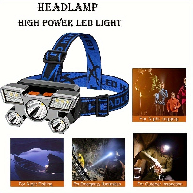 USB Rechargeable Headlamp with 5 LEDs, Dimmable, Hands-Free, Outdoor Camping Fishing Hunting