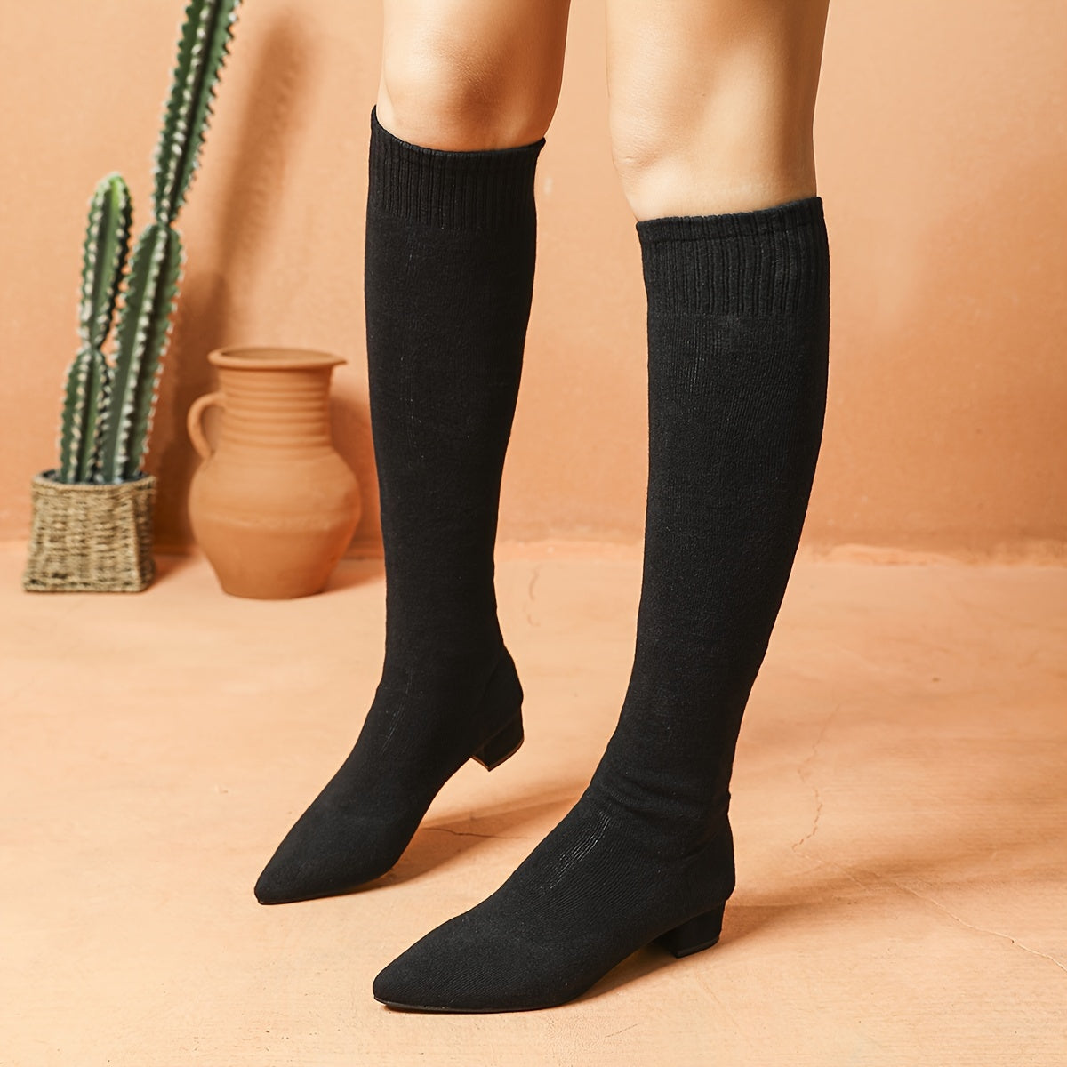 Women Knit Over-The-Knee High Heel Boots with Chunky Block Heel