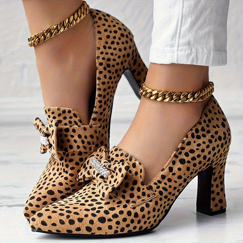 Women's Cheetah Print Pumps Rhinestone Bow Slip-On Pointed Toe Chunky Heels