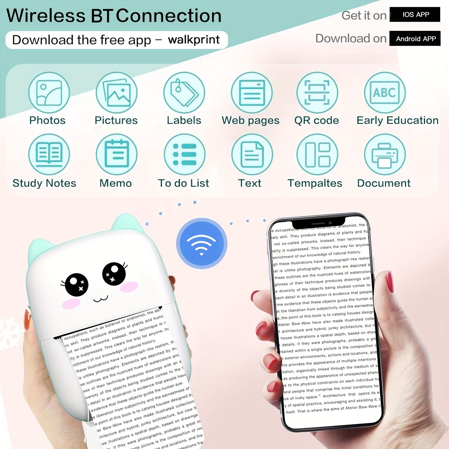 Portable Mini Thermal Printer with 10 Rolls Wireless USB Charging for Notes Receipts Labels