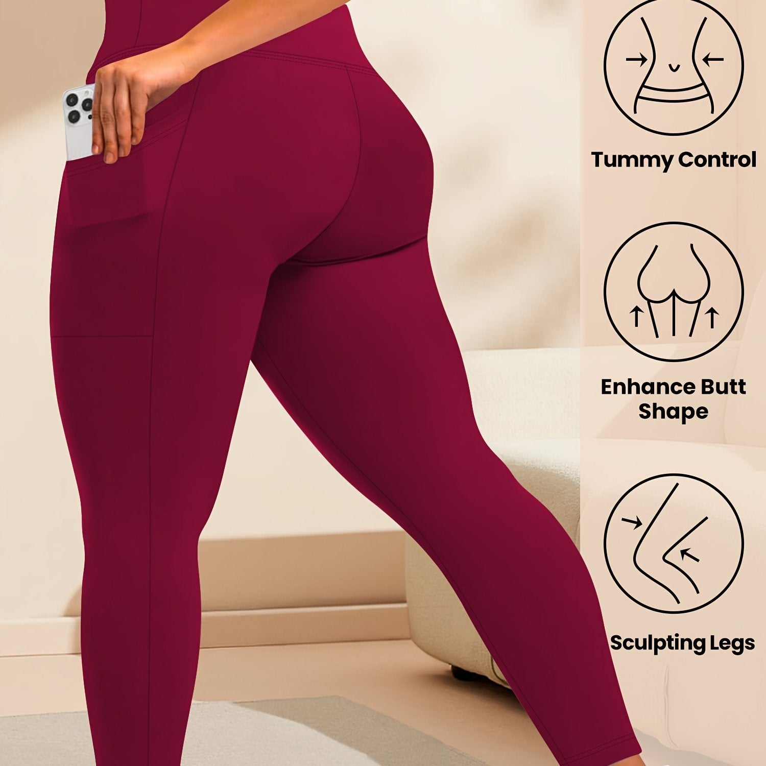 Plus Size High Waist Leggings with Pockets Solid Color Knit Fabric