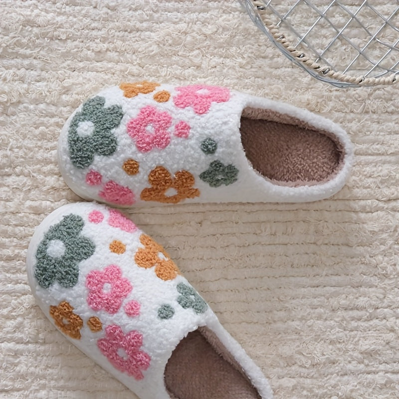 Unisex Plush Floral Slippers Warm Indoor House Shoes with Sunflower Design