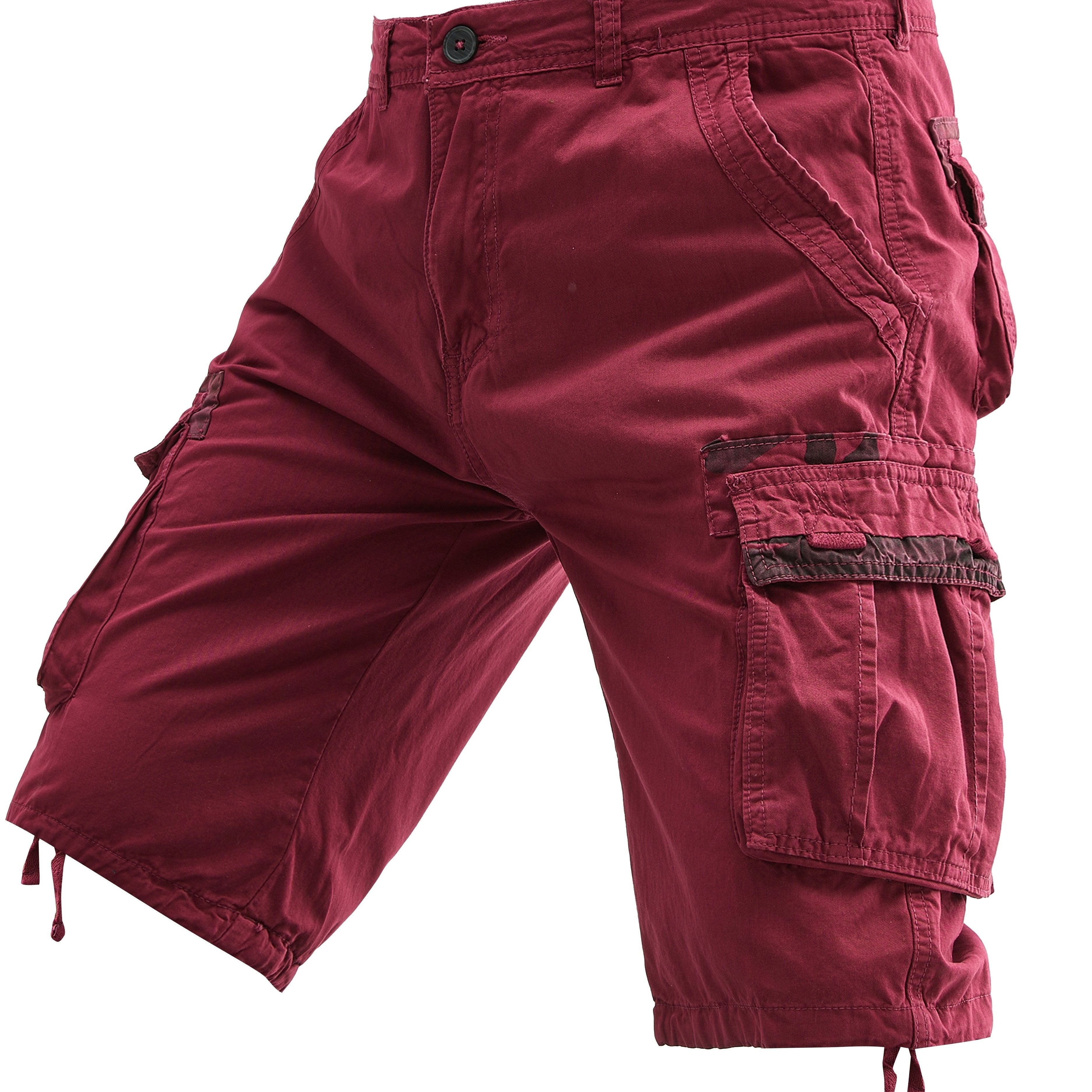 Erkaklar uchun katta o'lchamdagi paxta kargo shortlari, bir rangli ko'cha uslubida, bir nechta cho'ntaklar bilan va oddiy moslashuvda. Cho'zilmaydigan to'qilgan mato.