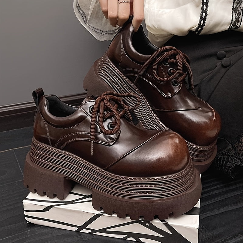 Women Chunky Platform Oxford Shoes Brown Lace-Up Ankle Boots Non-Slip Rubber Sole